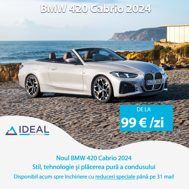 Feel the freedom of summer behind the wheel of the new BMW 420 Cabrio 2025 from Ideal rent a car Cluj